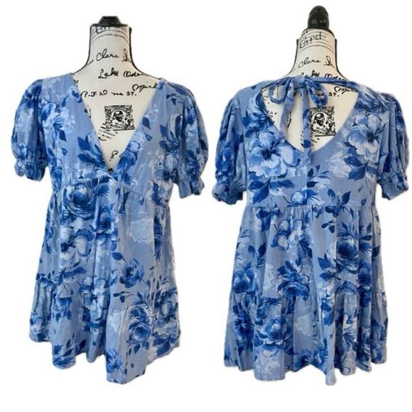 ALTAR D’STATE MINI DRESS SMOCKED OVERSIZED TIERED BLUE FLORAL SZ M AESTHETIC - Picture 2 of 16